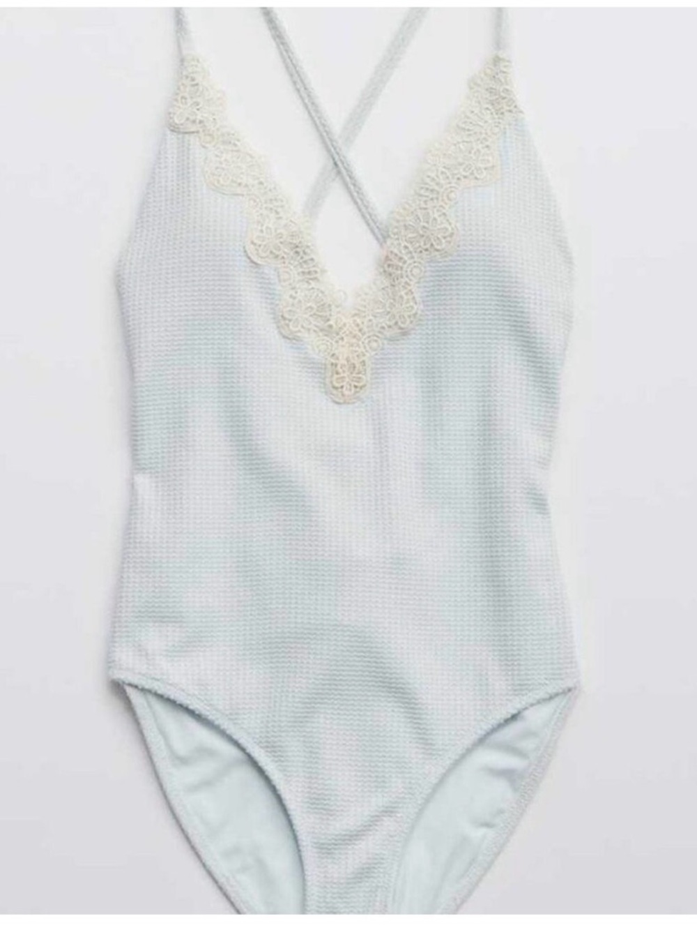 aerie Light Blue One-Piece Swimsuit with Cream Lace Trim